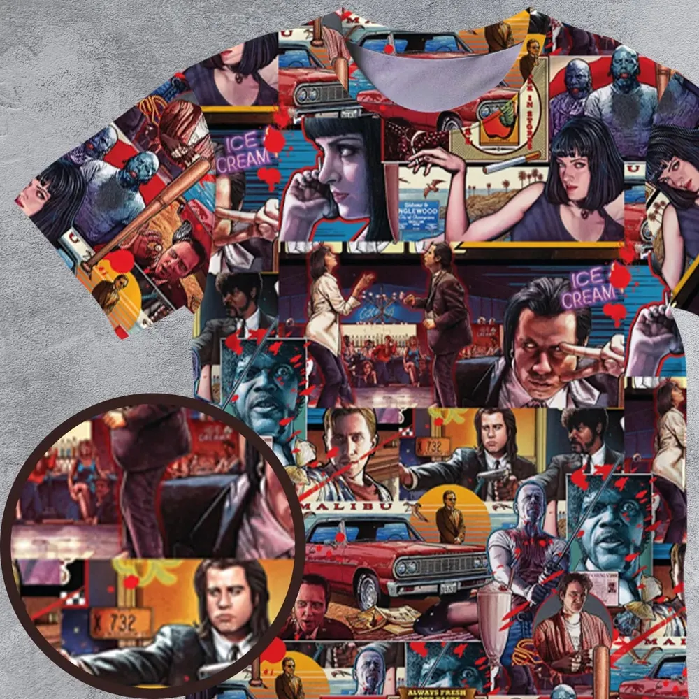 Retro Scenes Mia Wallace Vincent Vega Jules Winnfields Pulp Fiction All-Over Print Unisex T-Shirt - 4
