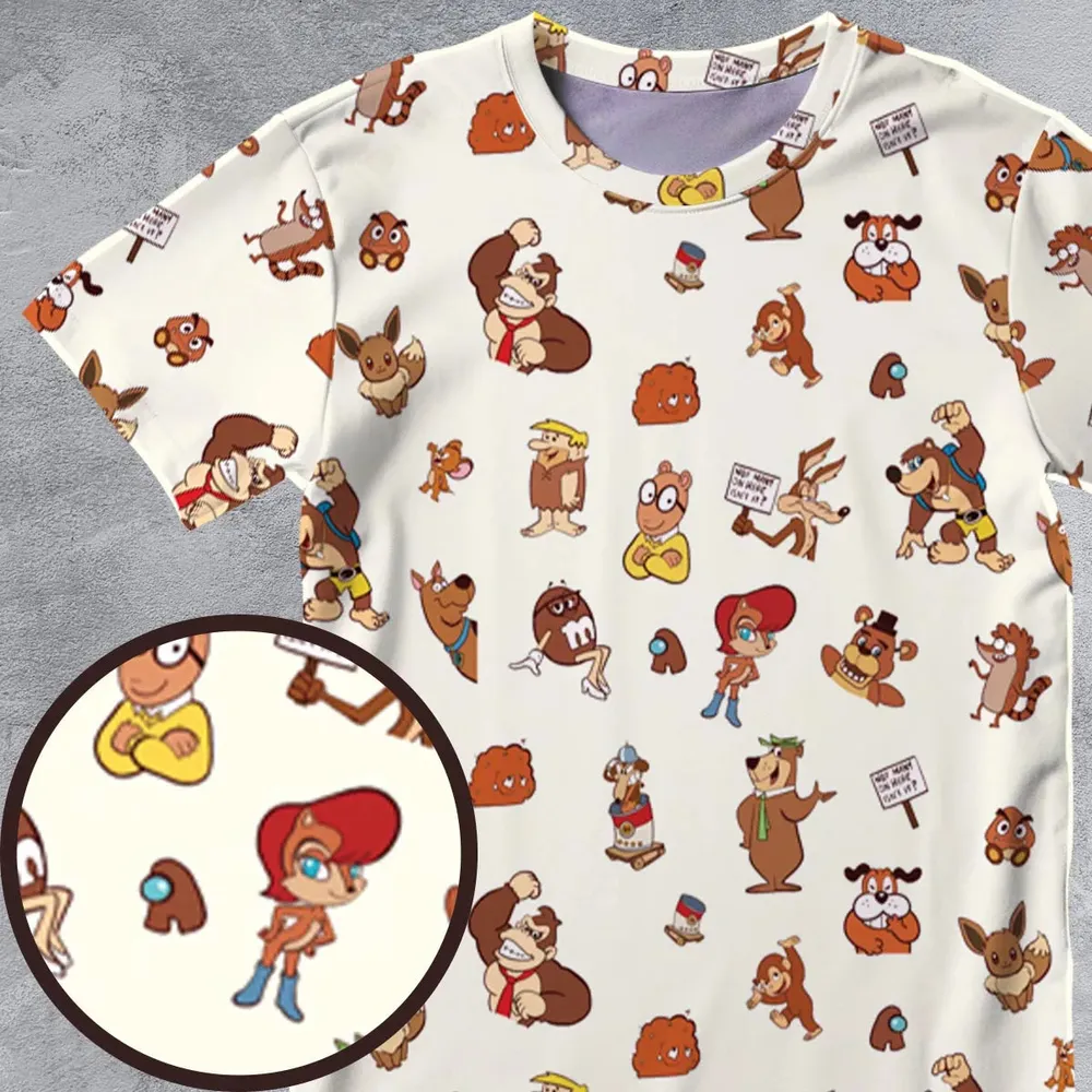 Famous Cartoon Characters in Brown All-Over Print Unisex T-Shirt - 4