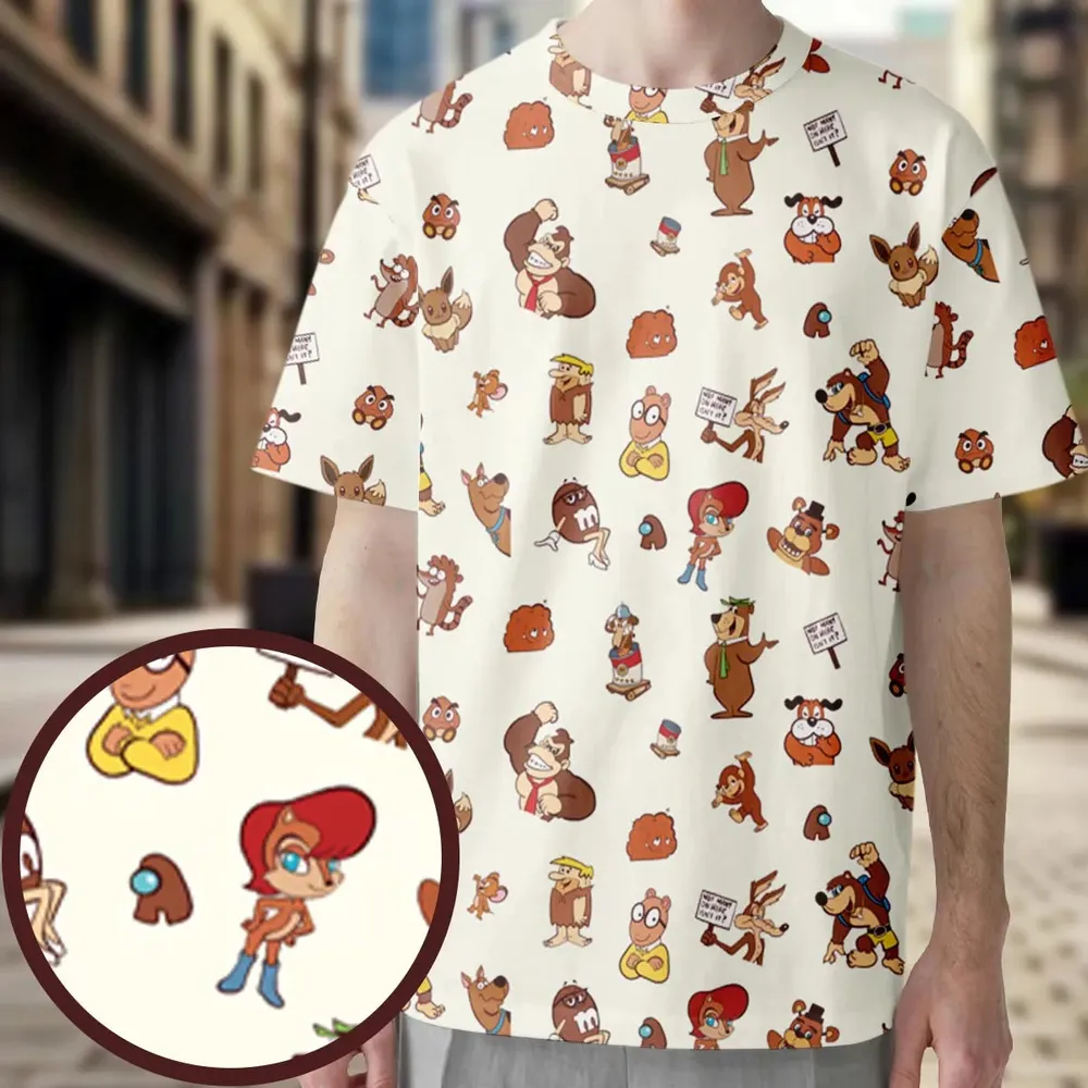 Famous Cartoon Characters in Brown All-Over Print Unisex T-Shirt - 3