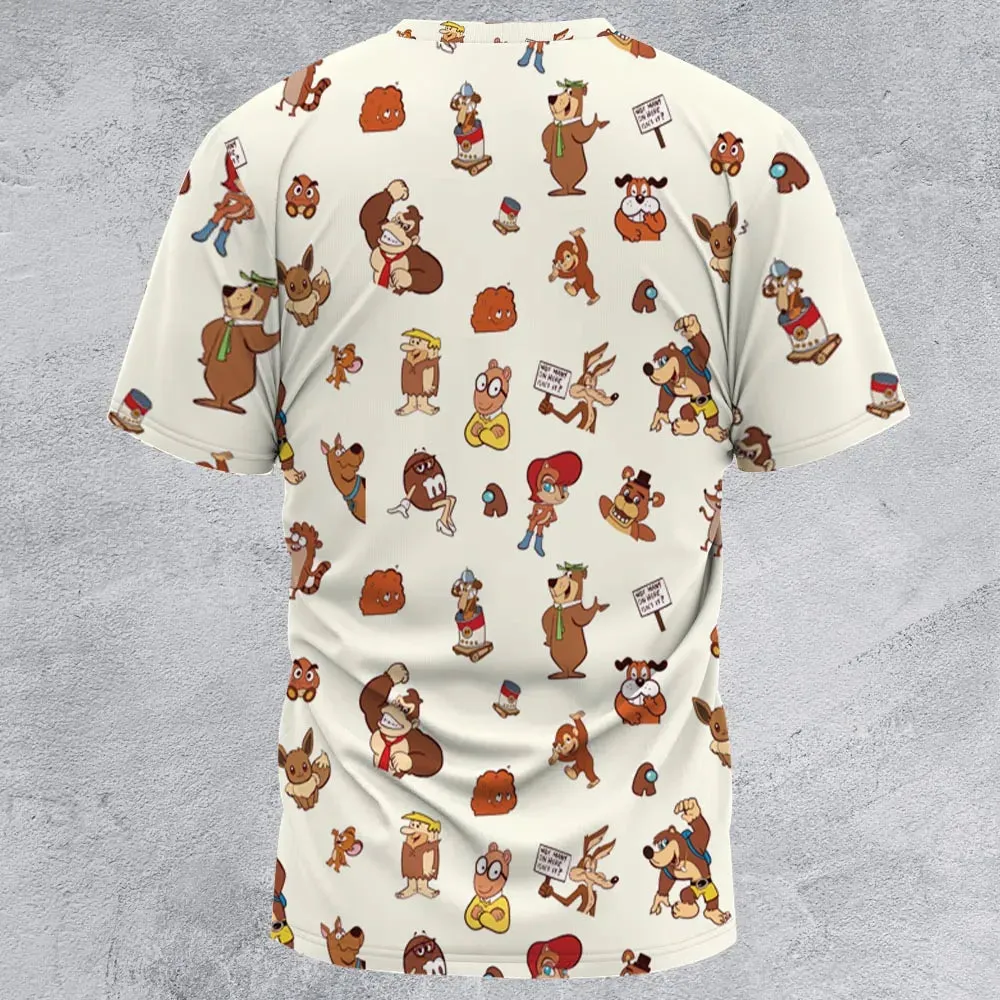 Famous Cartoon Characters in Brown All-Over Print Unisex T-Shirt - 2