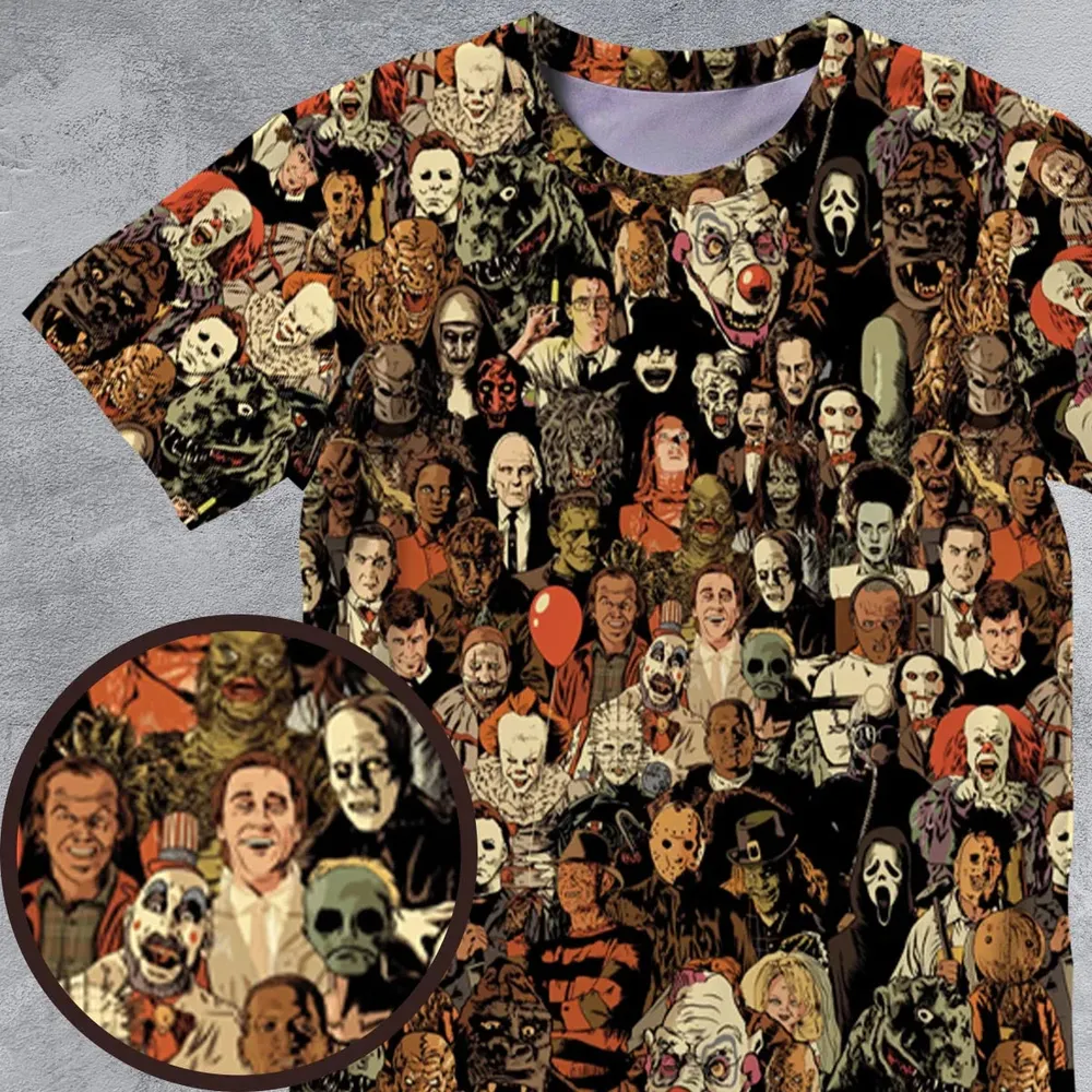 Horror Movie Characters Halloween Pattern All-Over Print Unisex T-Shirt - 4