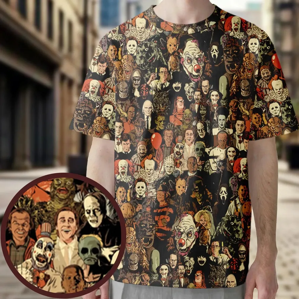 Horror Movie Characters Halloween Pattern All-Over Print Unisex T-Shirt - 3