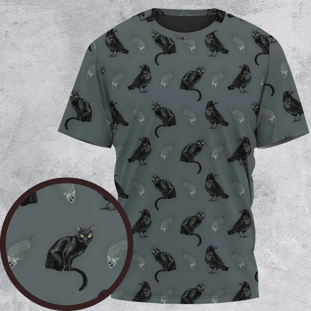 Cat and Raven Edgar Allan Poe Pattern All-Over Print Unisex T-Shirt - 2