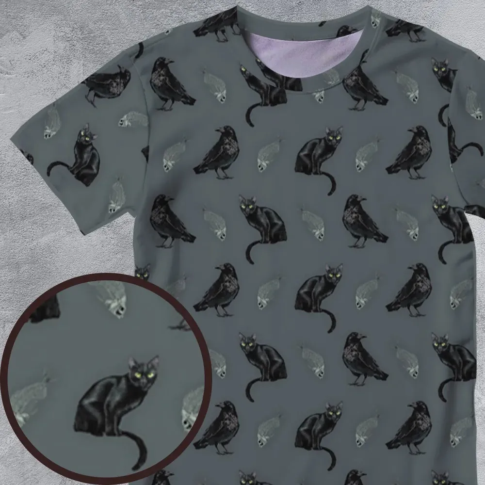 Cat and Raven Edgar Allan Poe Pattern All-Over Print Unisex T-Shirt - 4