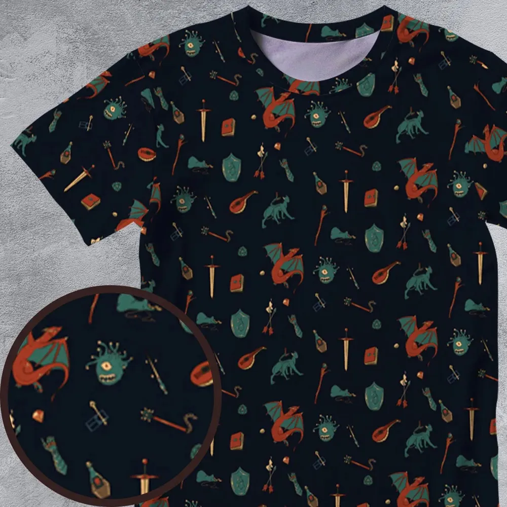 DnD Items and Monsters Pattern All-Over Print Unisex T-Shirt - 4