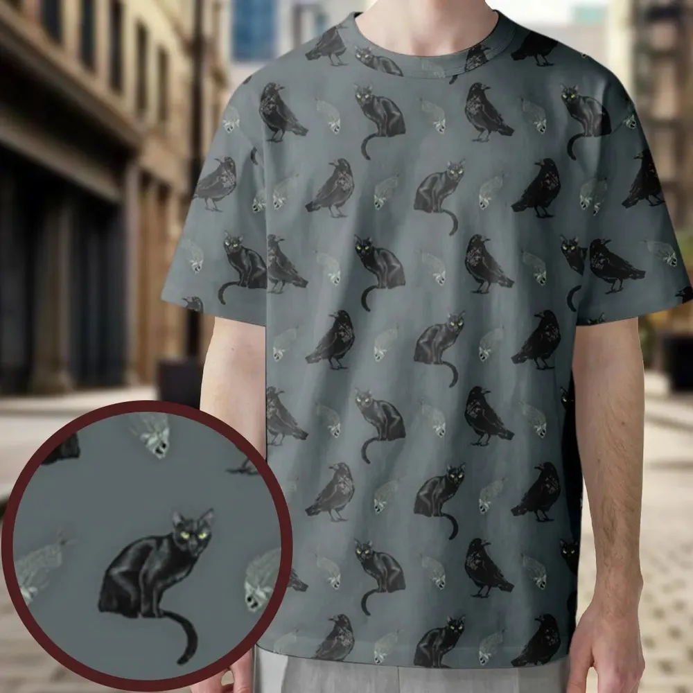 Black Cat and Raven Pattern All-Over Print Unisex T-Shirt - 4