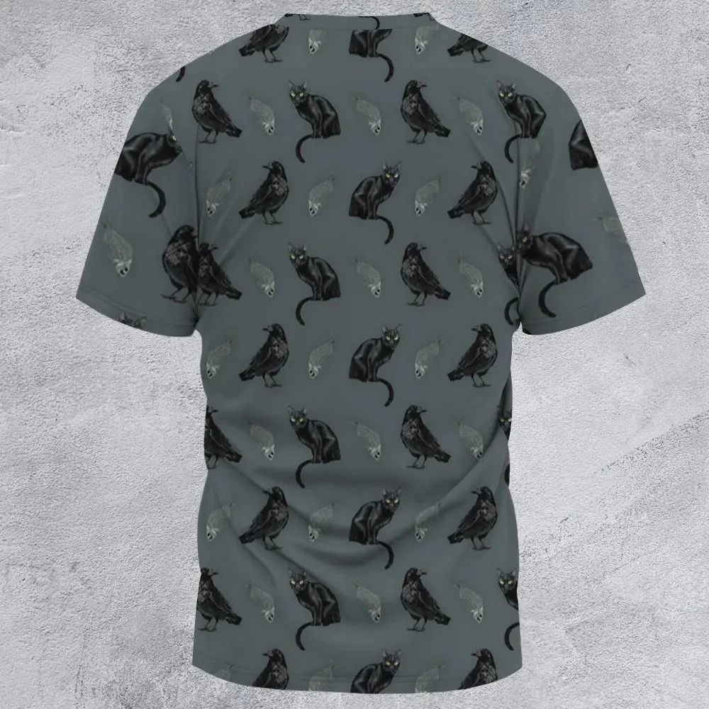 Black Cat and Raven Pattern All-Over Print Unisex T-Shirt - 3