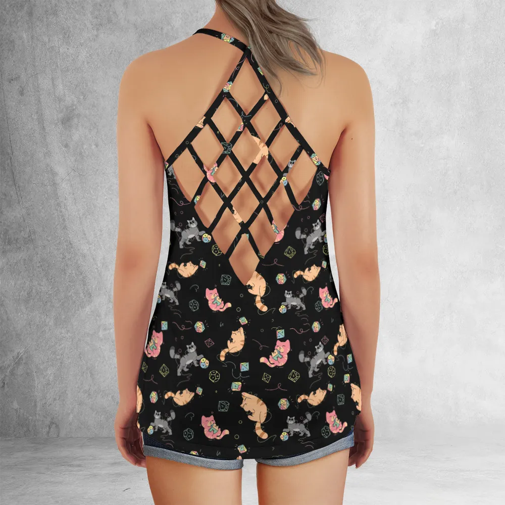 Cat With Dice Criss Cross Tank Top - 3