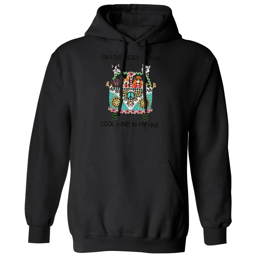 In Hair On Dark Highway A Desert Corgi Cool Wind Hippie Dog Classic Unisex Hoodie - 11