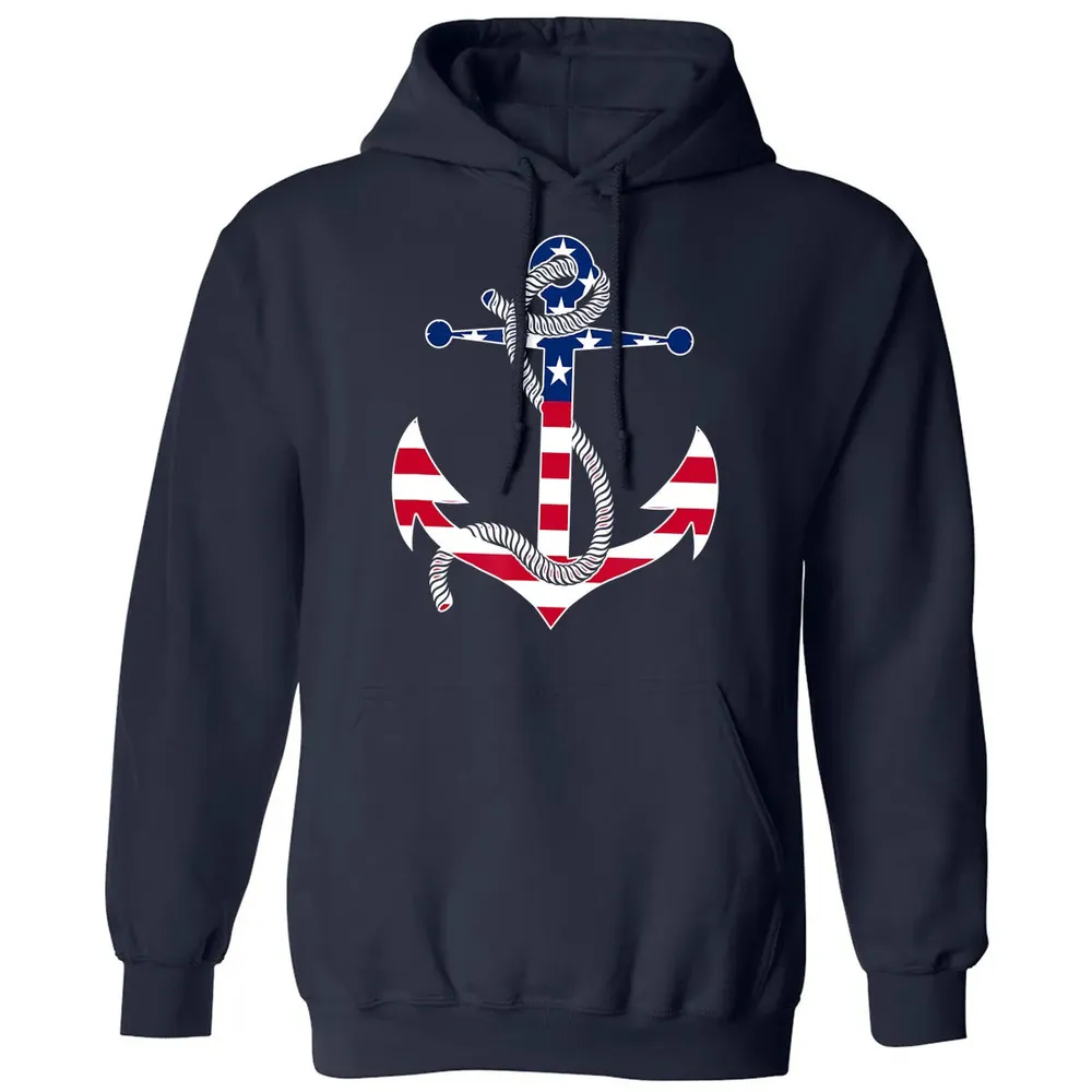American Flag Patriotic Anchor   Memorial Day 4th Of July Classic Unisex Hoodie - 2