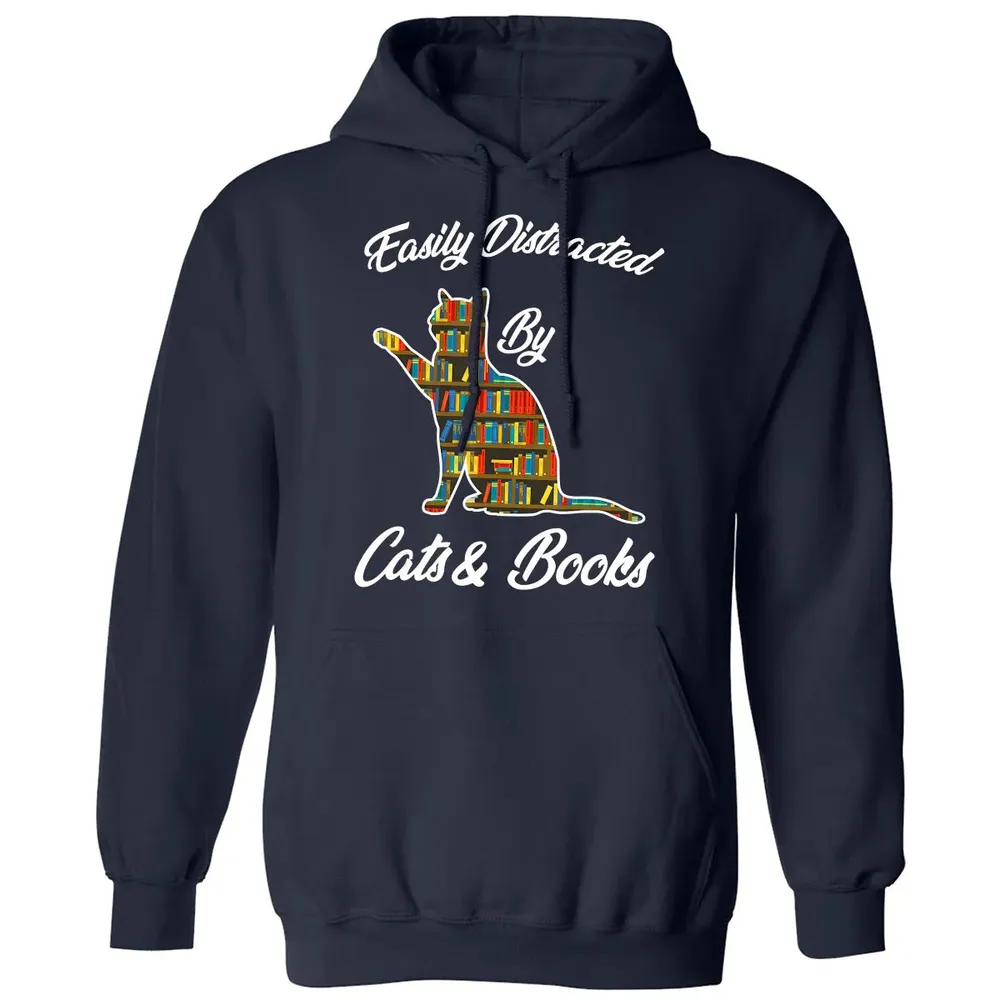 Easily Distracted by Cat & Books Animal Lover Meowing Kitty Classic Unisex Hoodie - 2