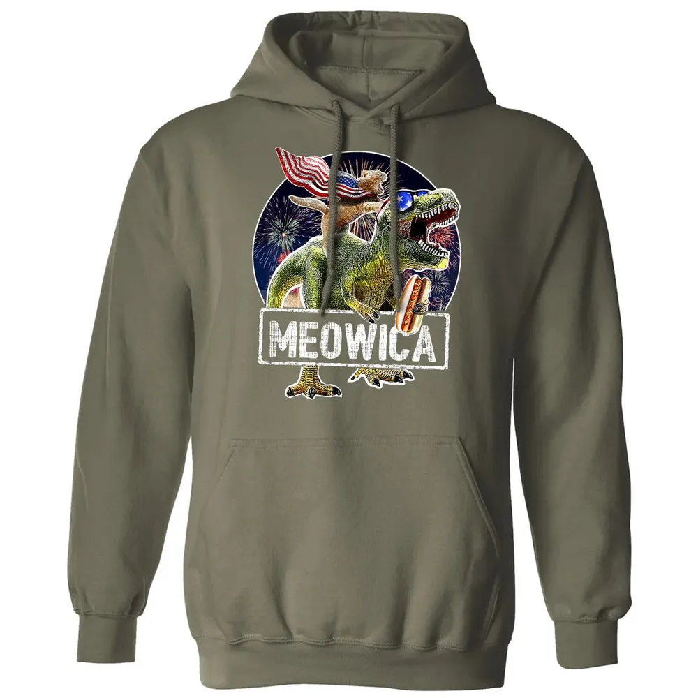 Meowica American Flag Cat T Rex Dinosaur 4th of July Kids Classic Unisex Hoodie - 4