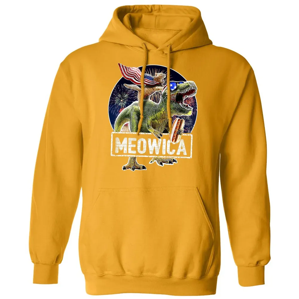 Meowica American Flag Cat T Rex Dinosaur 4th of July Kids Classic Unisex Hoodie - 12