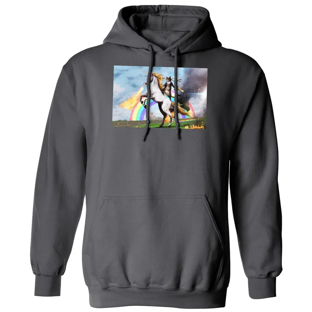 Cat Riding Fire Breathing Unicorn Meme Classic Unisex Hoodie - 7