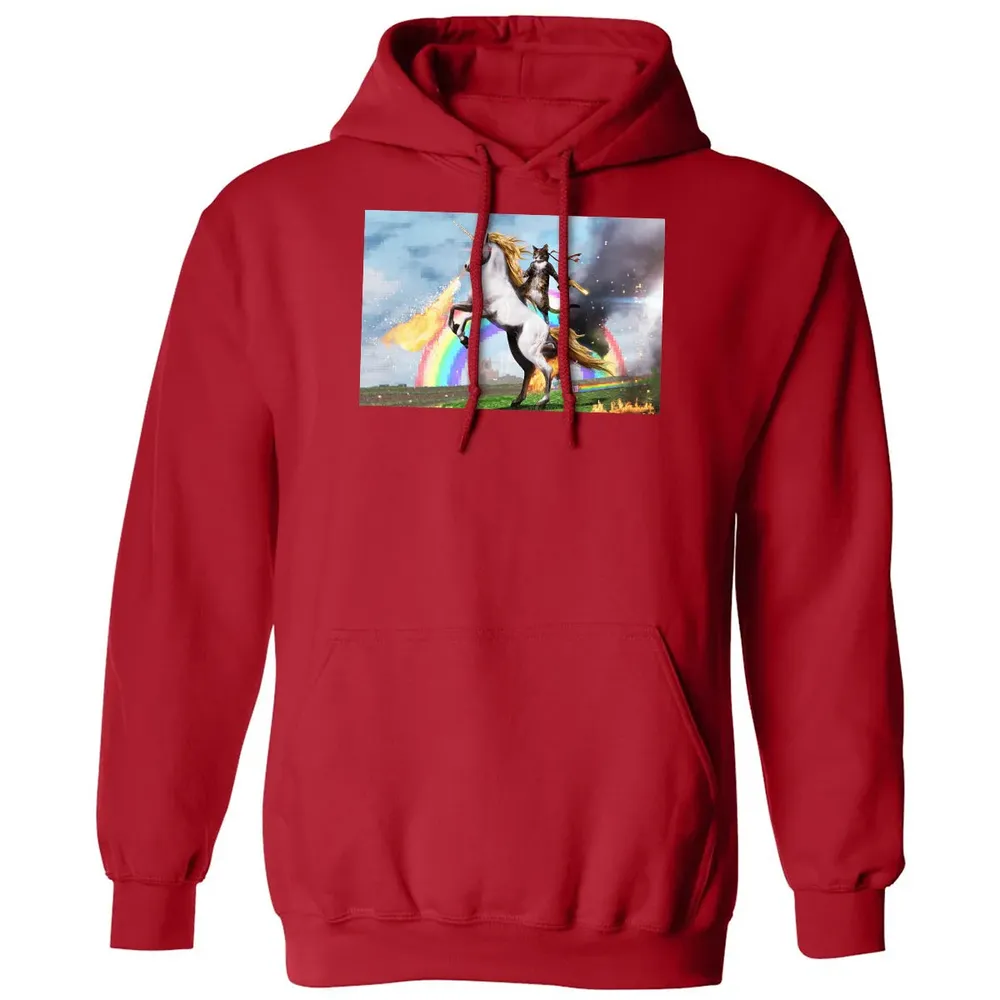 Cat Riding Fire Breathing Unicorn Meme Classic Unisex Hoodie - 5