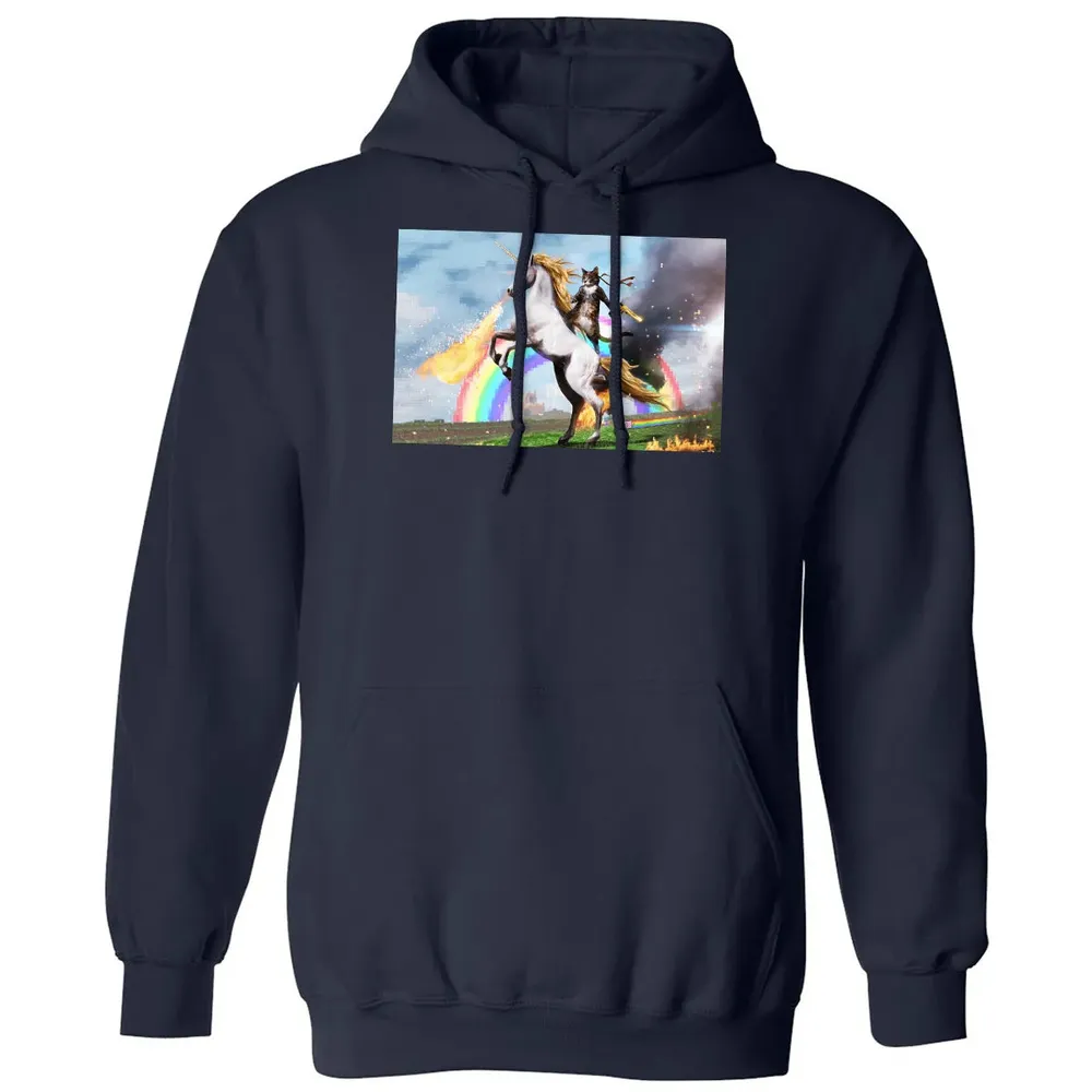 Cat Riding Fire Breathing Unicorn Meme Classic Unisex Hoodie - 2