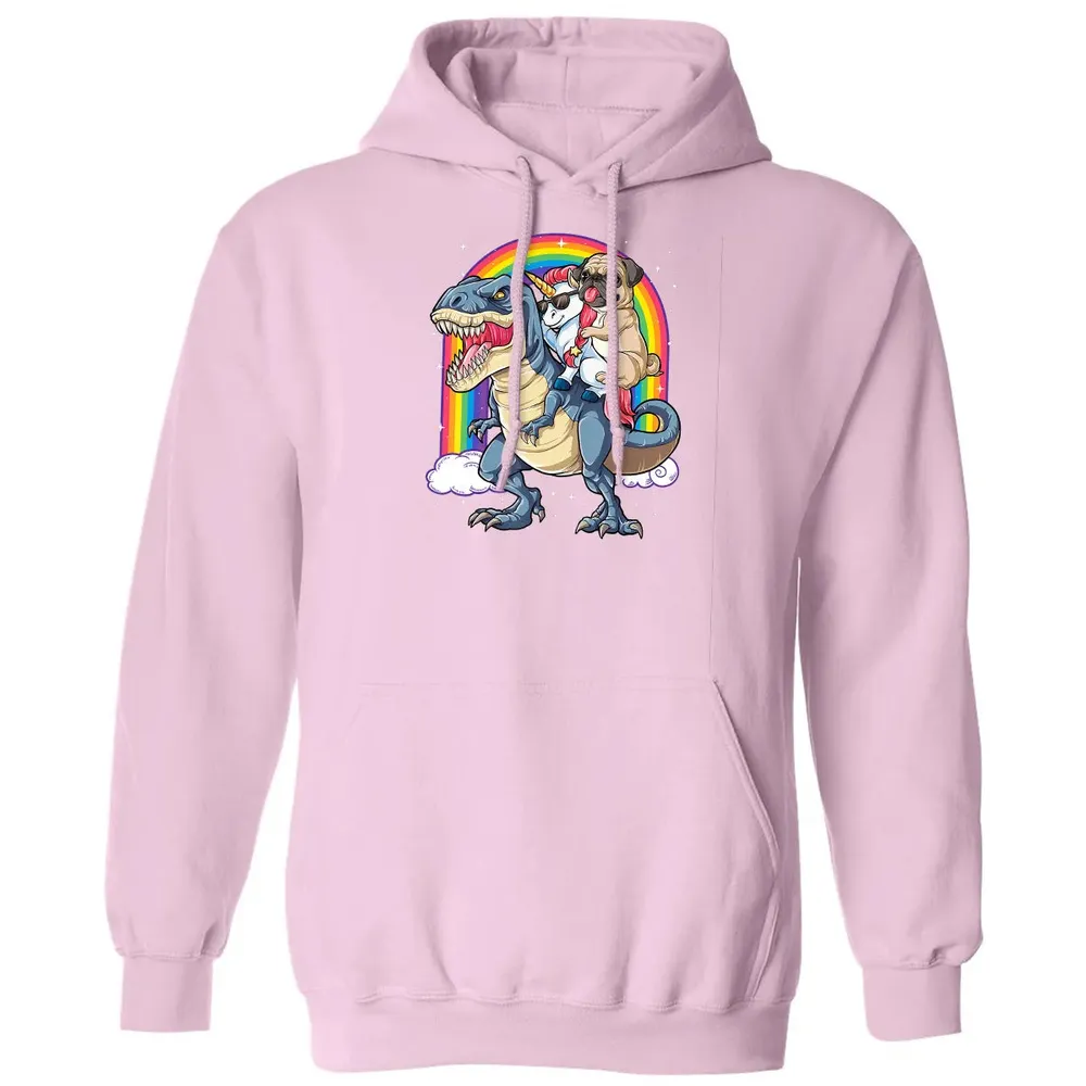 Pug Unicorn Dinosaur T rex  Kids Girls Women Rainbow Classic Unisex Hoodie - 3