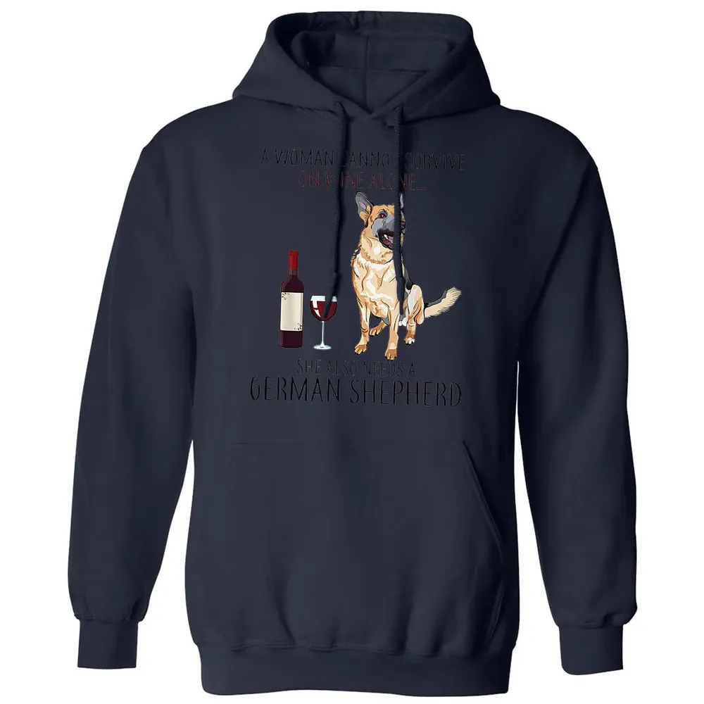 A Woman Cannot Survive On Wine Alone German Shepherd Classic Unisex Hoodie - 2