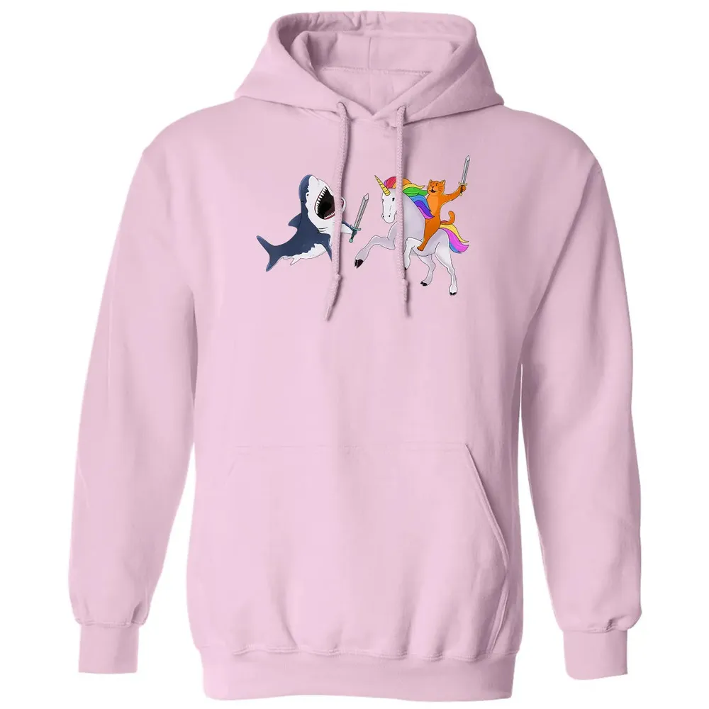 Funny Cat Riding Magical Unicorn Sword Fighting Shark Classic Unisex Hoodie - 3