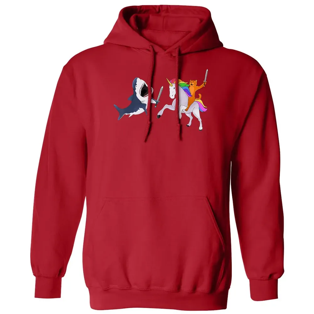 Funny Cat Riding Magical Unicorn Sword Fighting Shark Classic Unisex Hoodie - 5