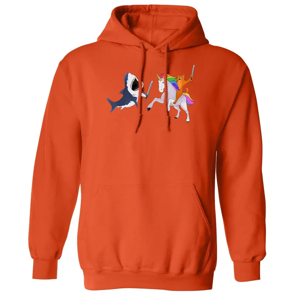 Funny Cat Riding Magical Unicorn Sword Fighting Shark Classic Unisex Hoodie - 10