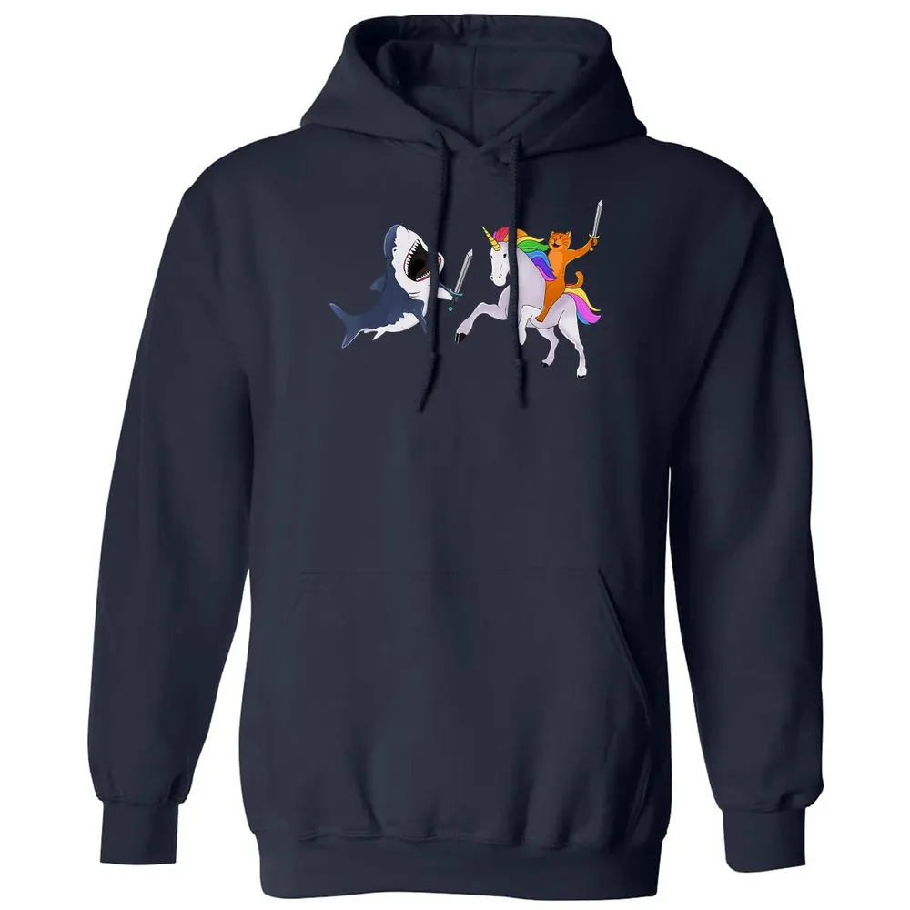 Funny Cat Riding Magical Unicorn Sword Fighting Shark Classic Unisex Hoodie - 2
