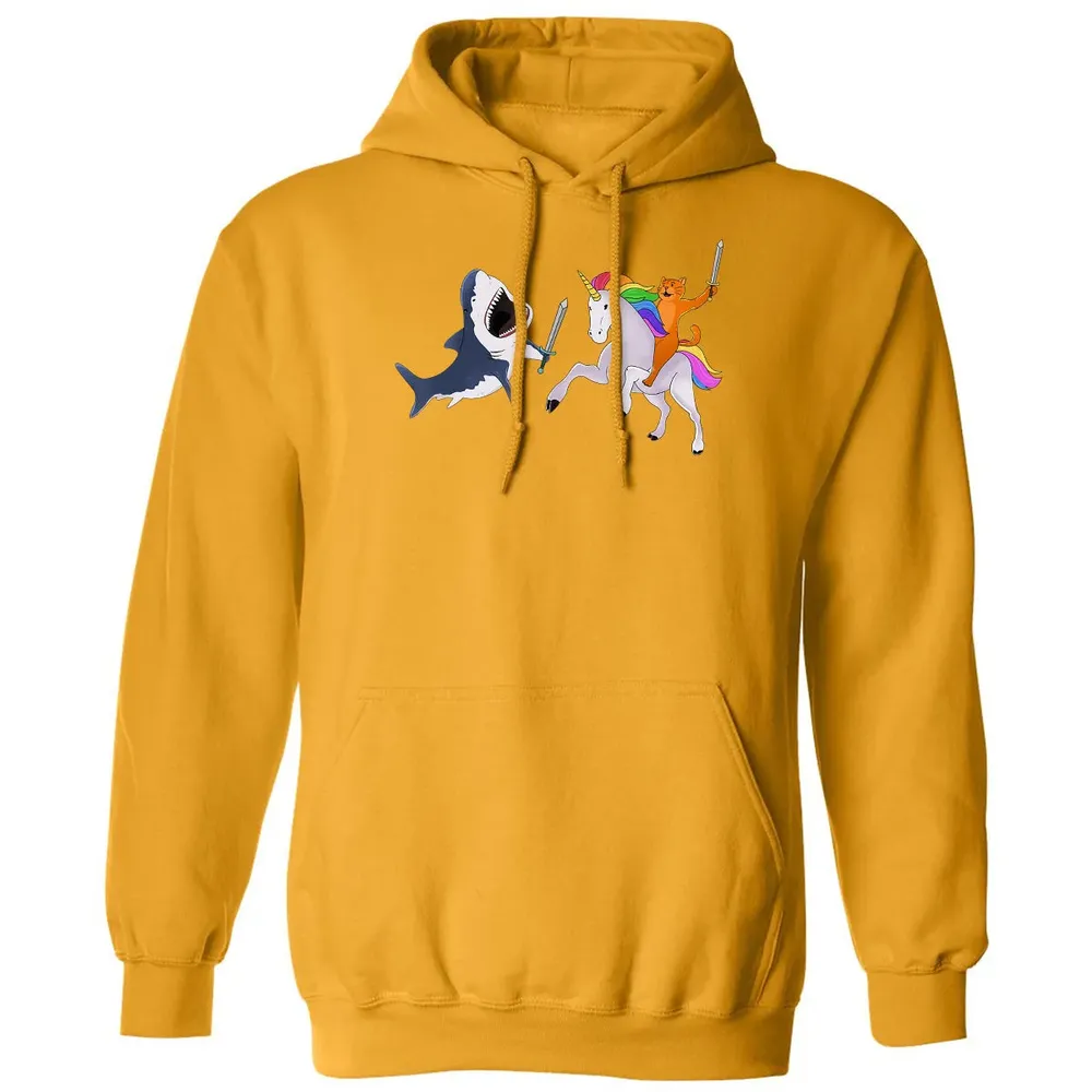 Funny Cat Riding Magical Unicorn Sword Fighting Shark Classic Unisex Hoodie - 12