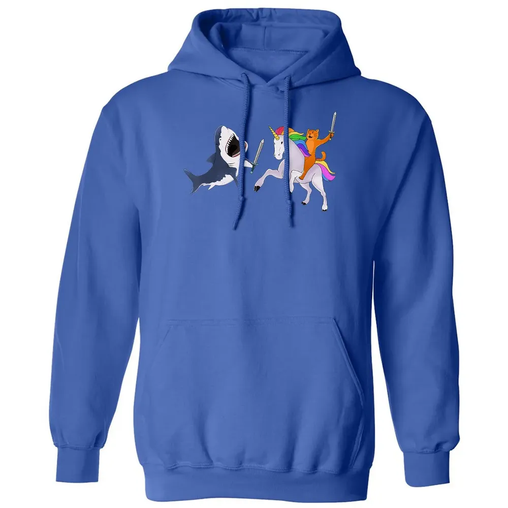 Funny Cat Riding Magical Unicorn Sword Fighting Shark Classic Unisex Hoodie - 9