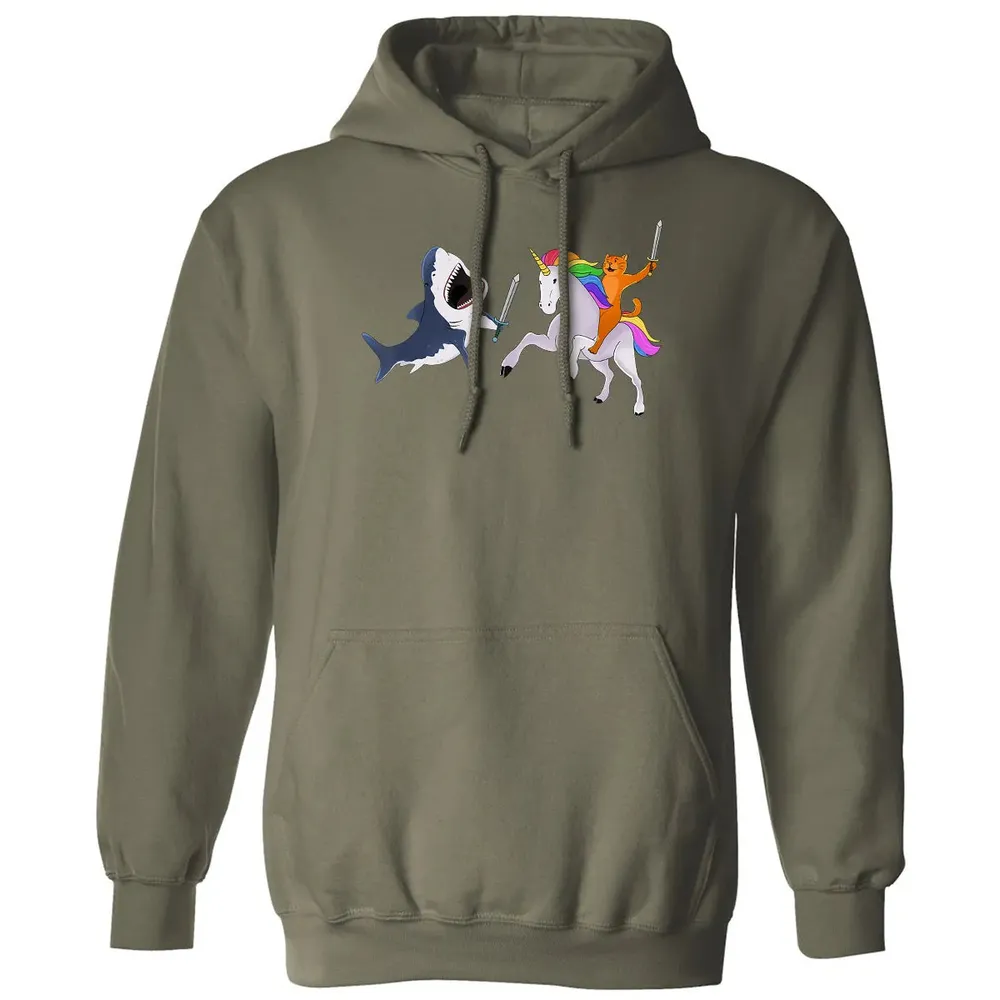 Funny Cat Riding Magical Unicorn Sword Fighting Shark Classic Unisex Hoodie - 4