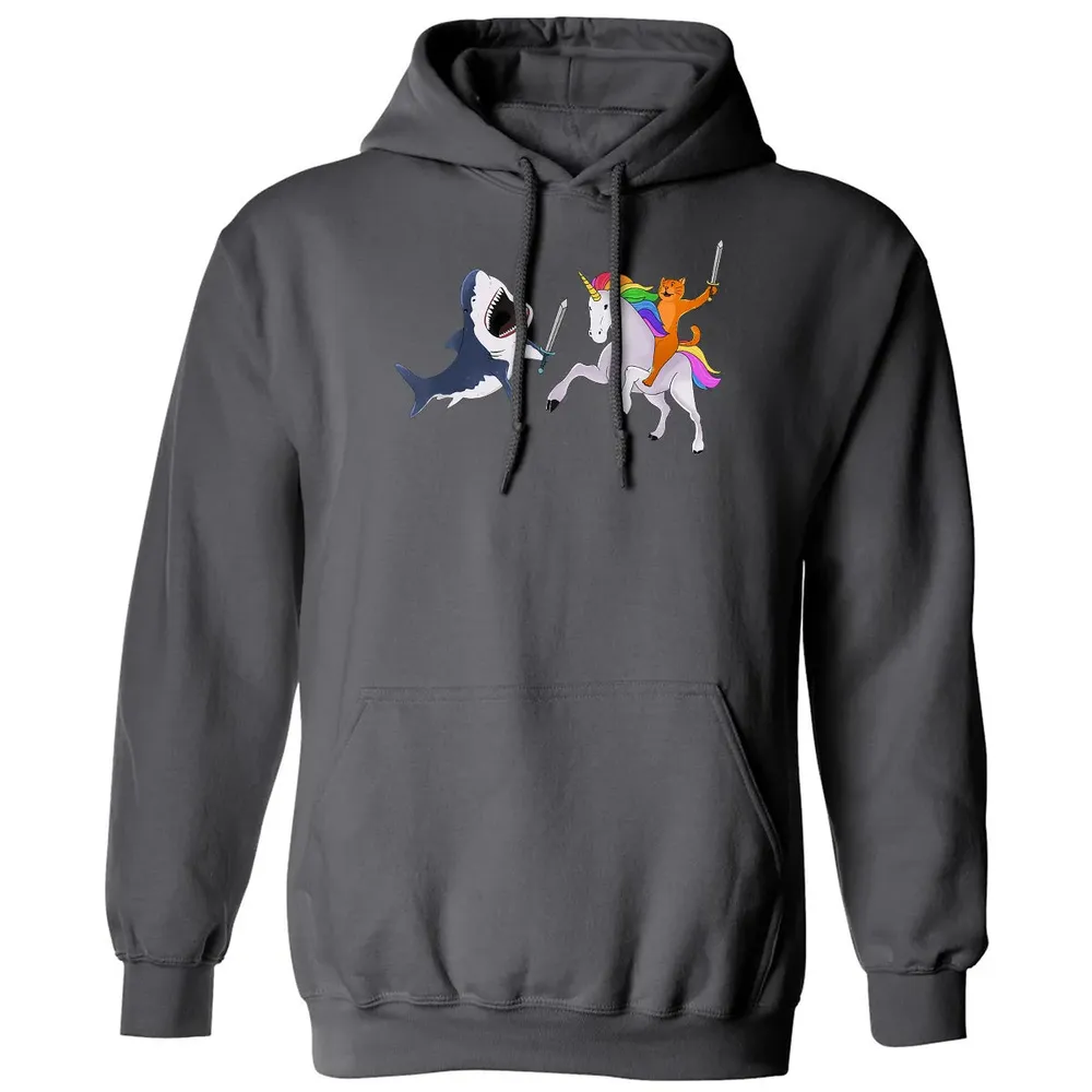 Funny Cat Riding Magical Unicorn Sword Fighting Shark Classic Unisex Hoodie - 7