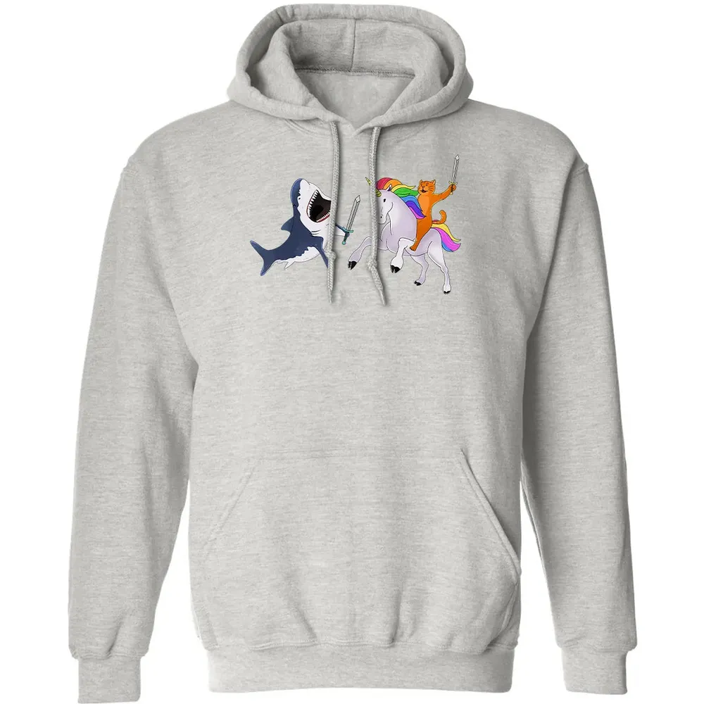 Funny Cat Riding Magical Unicorn Sword Fighting Shark Classic Unisex Hoodie - 8