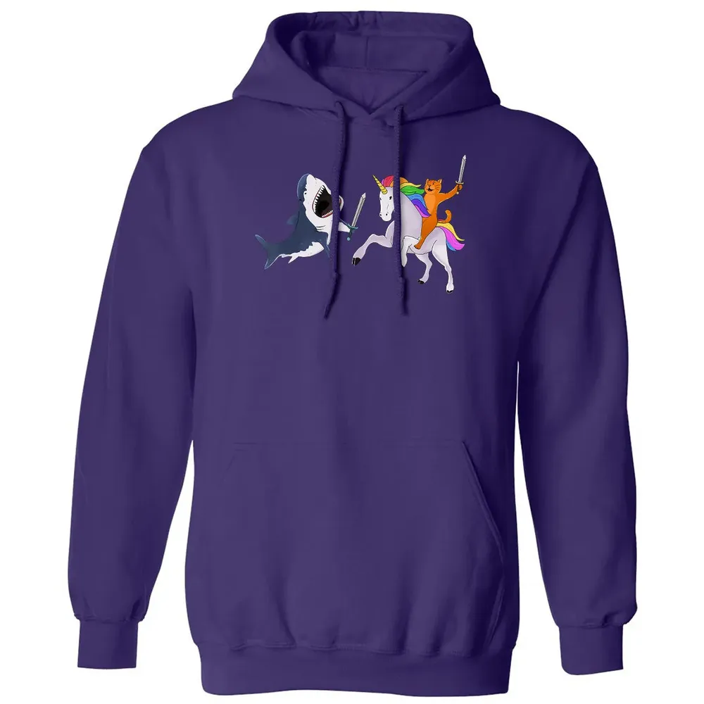 Funny Cat Riding Magical Unicorn Sword Fighting Shark Classic Unisex Hoodie - 6