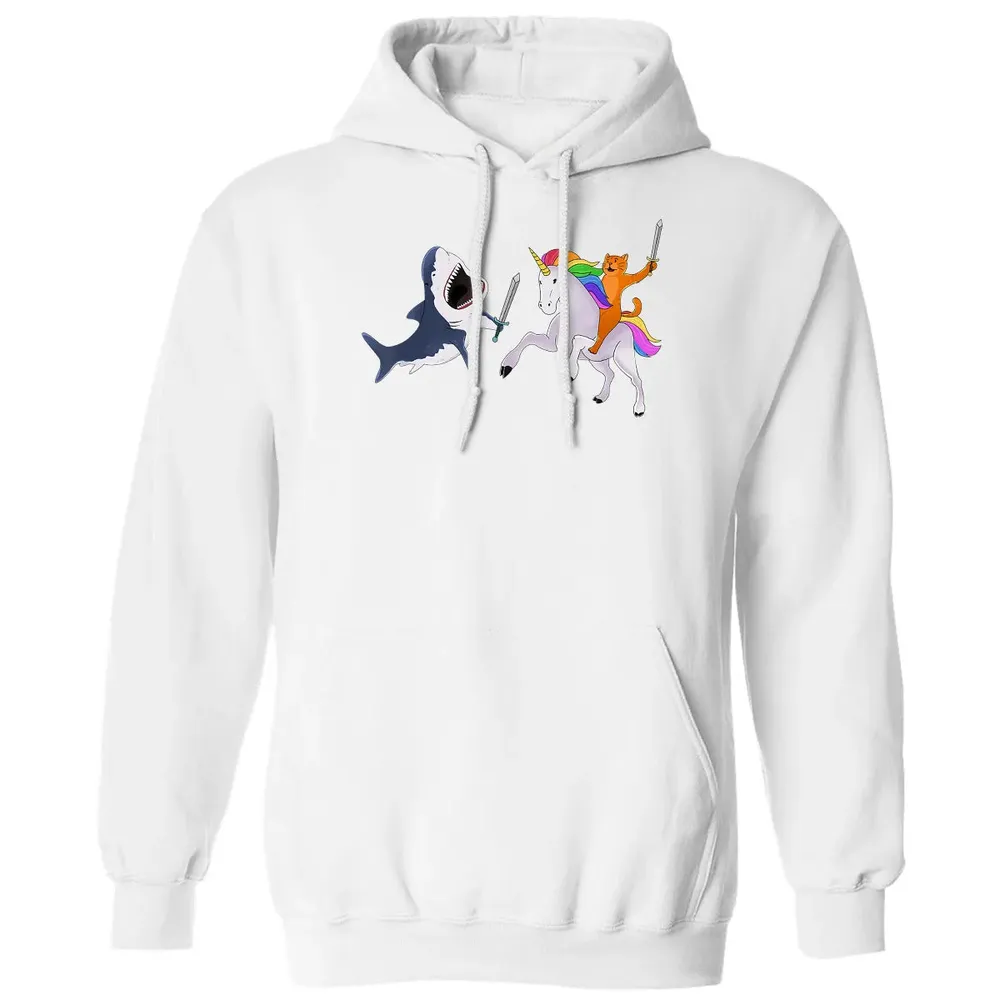 Funny Cat Riding Magical Unicorn Sword Fighting Shark Classic Unisex Hoodie - 11