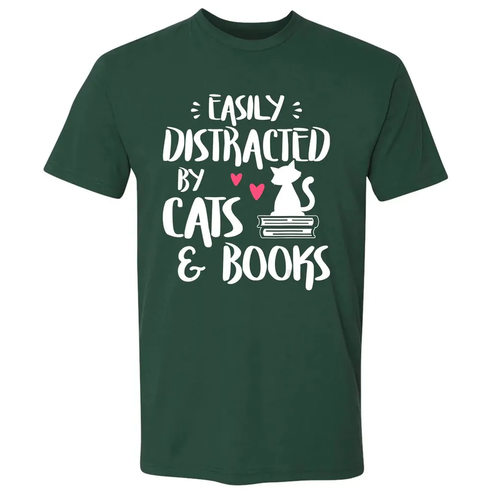 Easily Distracted by Cats and Books   Cat & Book Lover Premium Unisex T-shirt - 12