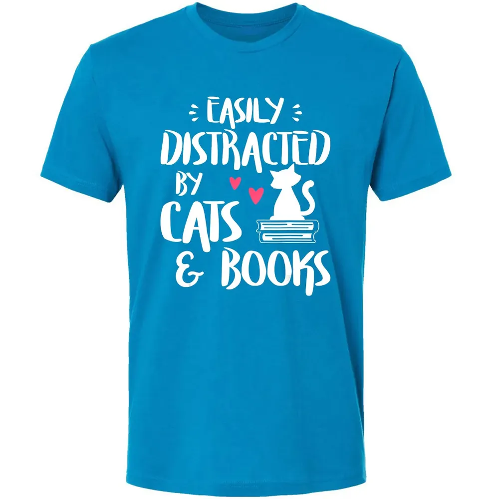 Easily Distracted by Cats and Books   Cat & Book Lover Premium Unisex T-shirt - 15