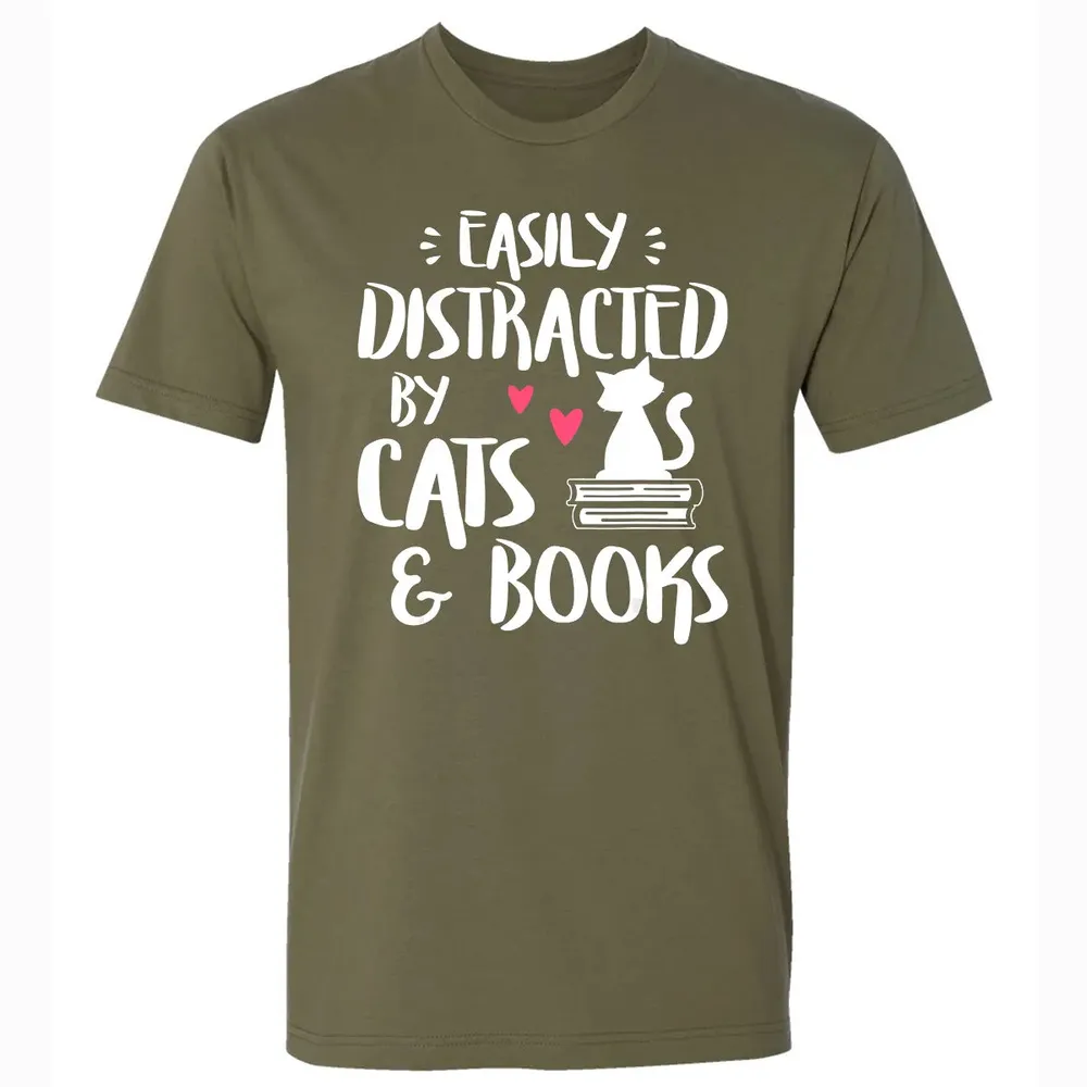 Easily Distracted by Cats and Books   Cat & Book Lover Premium Unisex T-shirt - 5