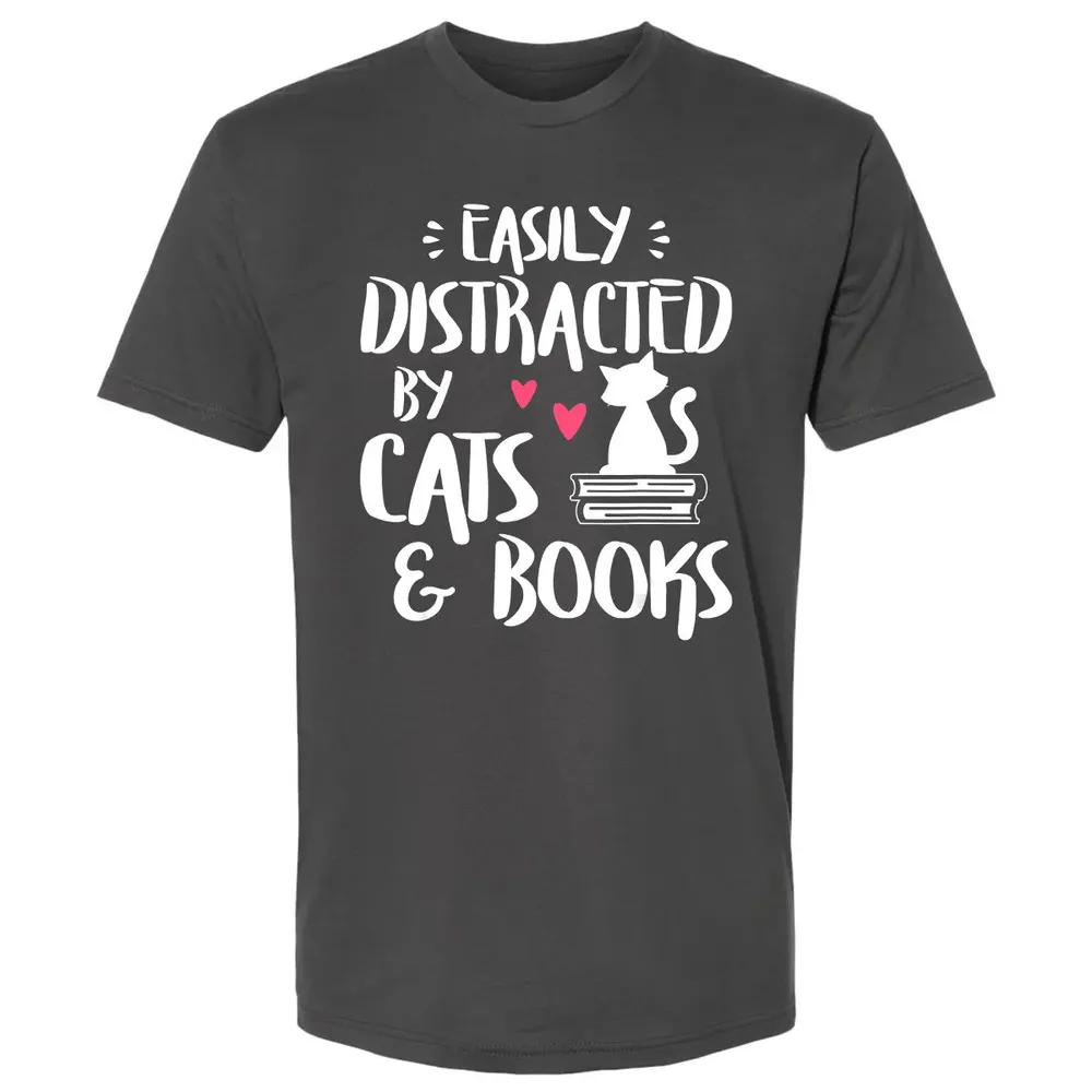 Easily Distracted by Cats and Books   Cat & Book Lover Premium Unisex T-shirt - 8