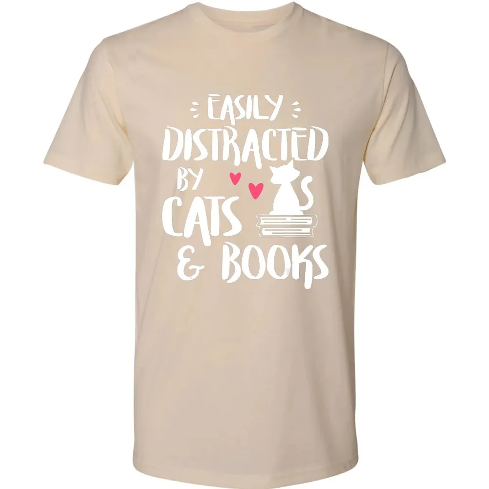 Easily Distracted by Cats and Books   Cat & Book Lover Premium Unisex T-shirt - 13