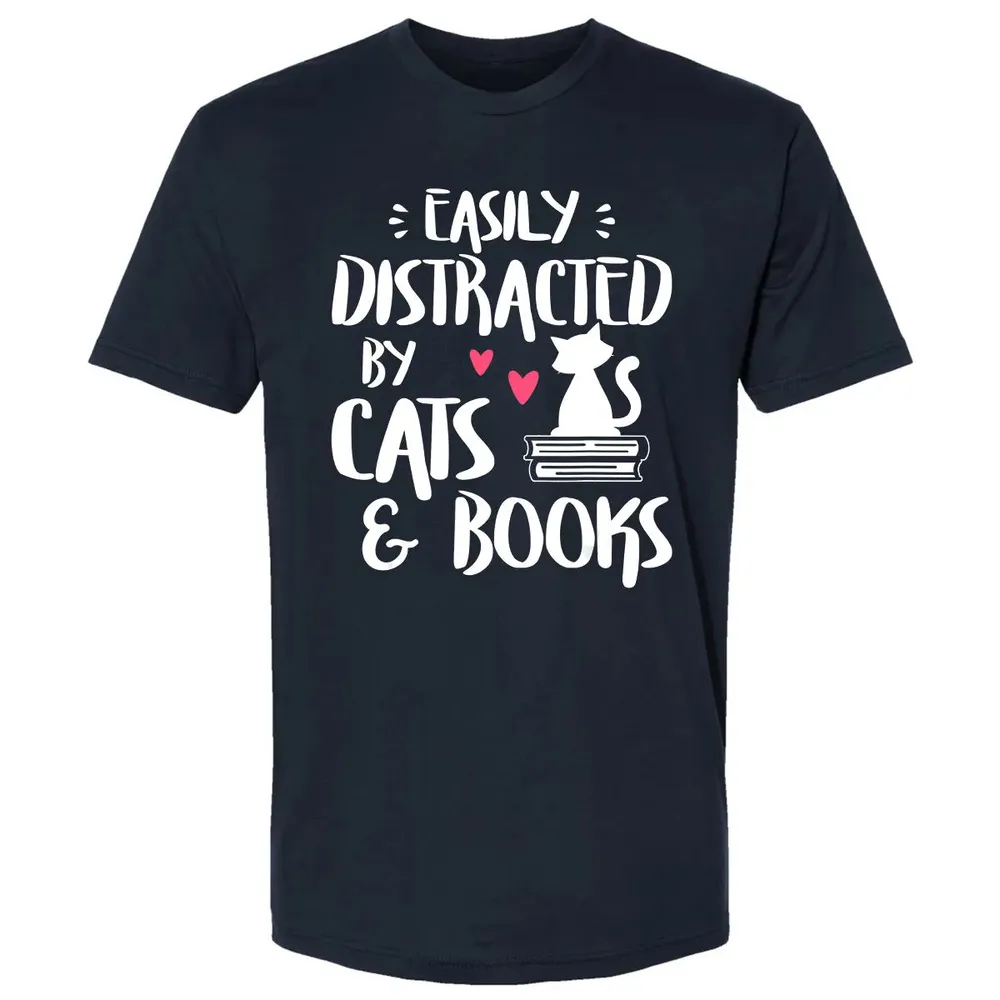 Easily Distracted by Cats and Books   Cat & Book Lover Premium Unisex T-shirt - 2