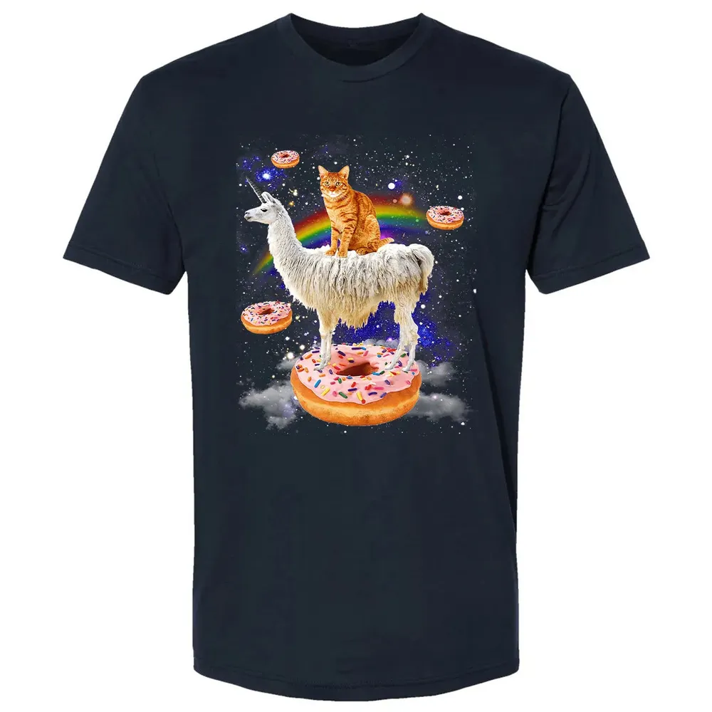 Space Cat Riding Llama and Donuts Galaxy Funny Cat Premium Unisex T-shirt - 2