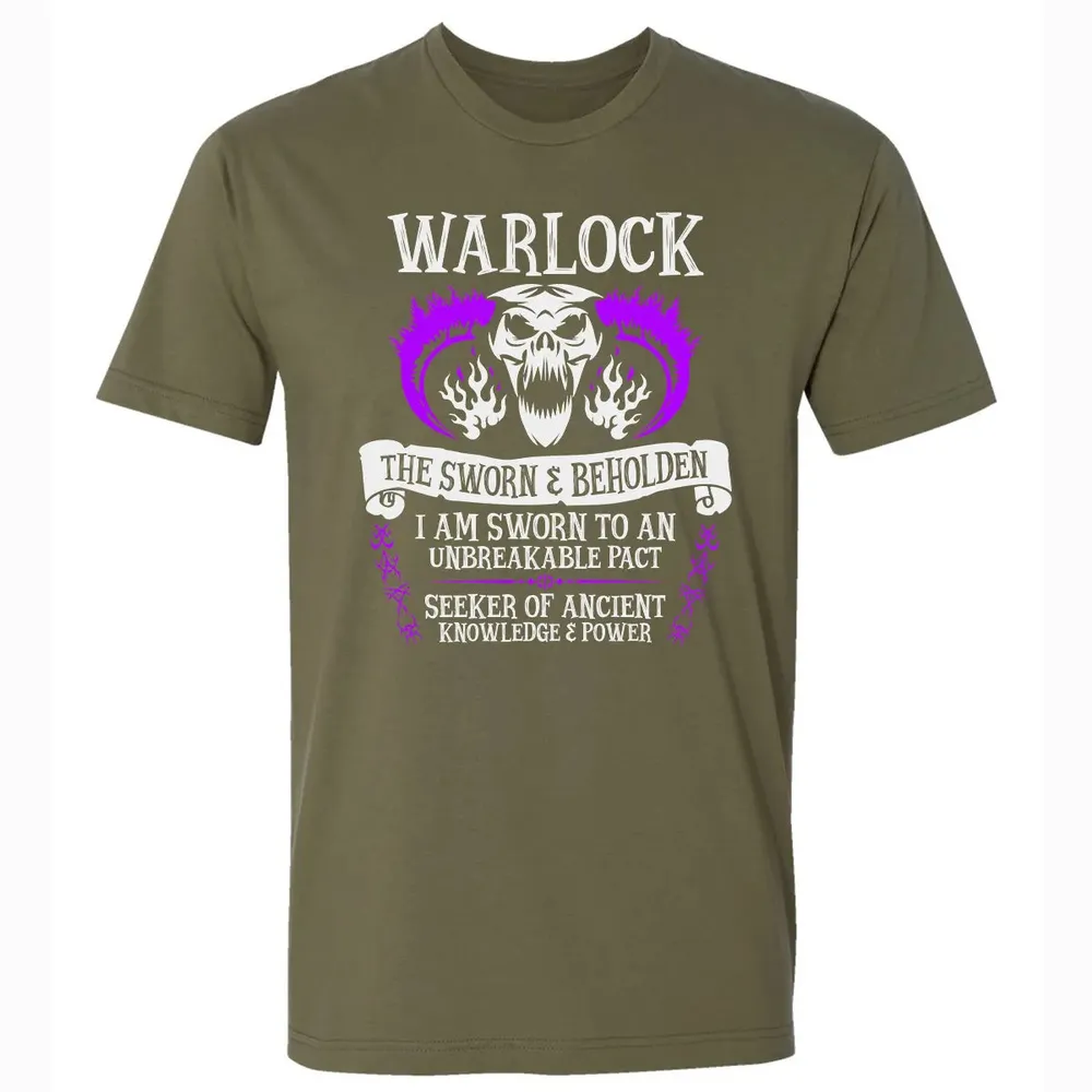 WARLOCK, THE SWORN AND BEHOLDEN   (White Text) Premium Unisex T-shirt - 5