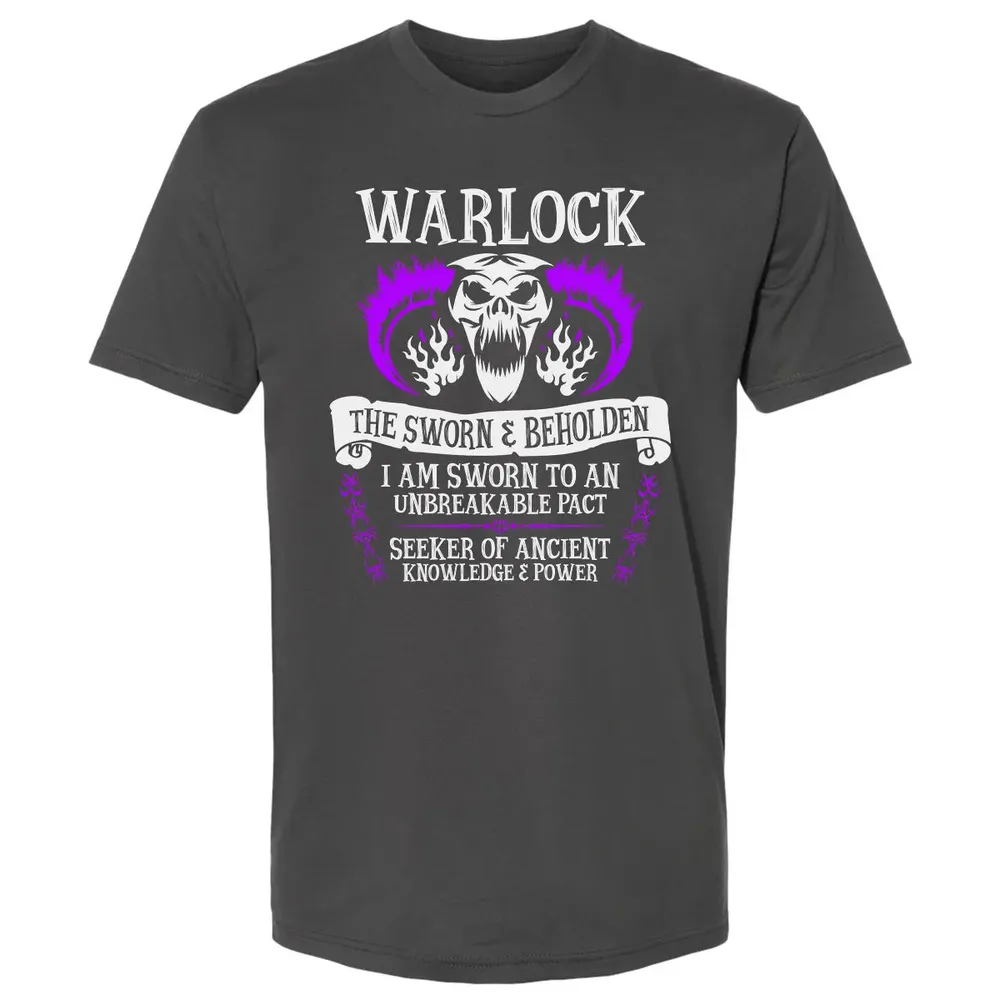 WARLOCK, THE SWORN AND BEHOLDEN   (White Text) Premium Unisex T-shirt - 8