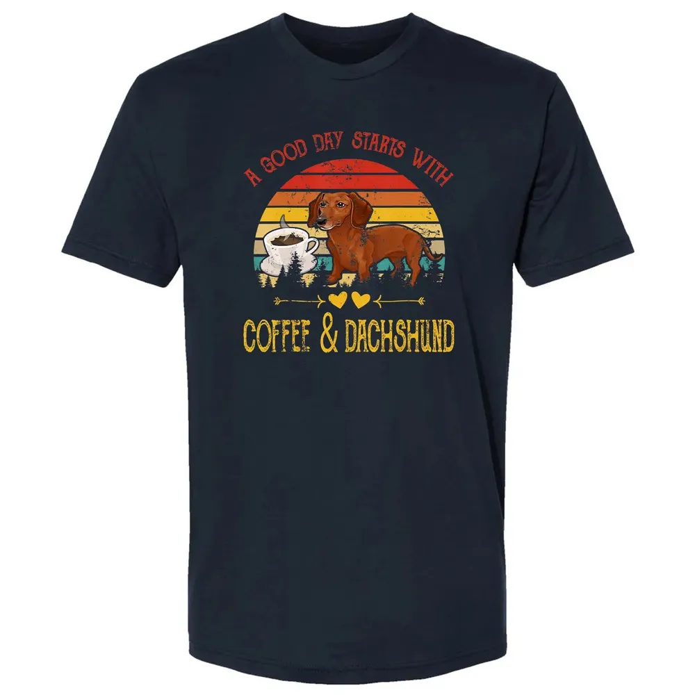 Vintage Retro Good Day With Cofffee And Dachshund Kids Women Premium Unisex T-shirt - 2