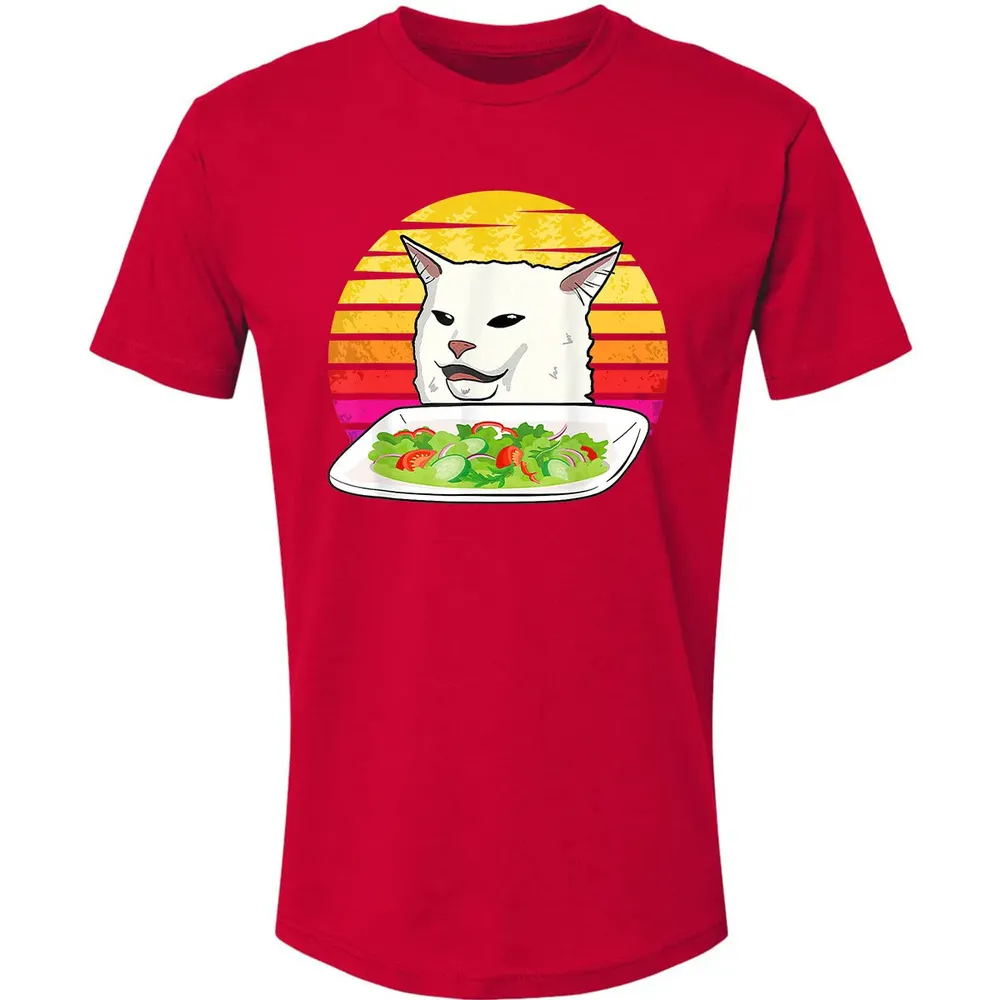 Angry women yelling at confused cat at dinner table meme Premium Unisex T-shirt - 6