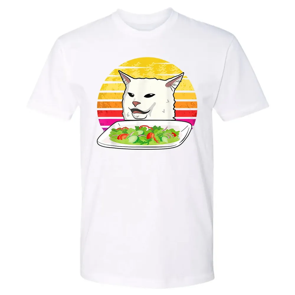 Angry women yelling at confused cat at dinner table meme Premium Unisex T-shirt - 4
