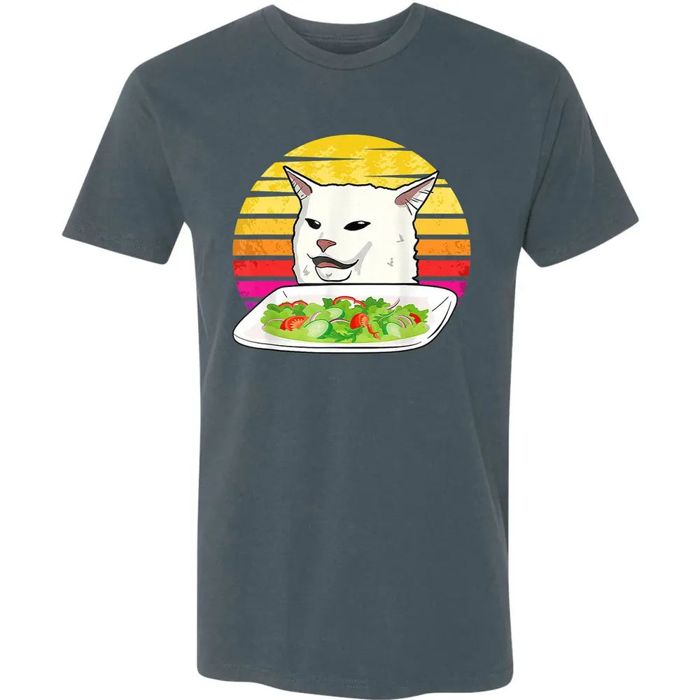 Angry women yelling at confused cat at dinner table meme Premium Unisex T-shirt - 14