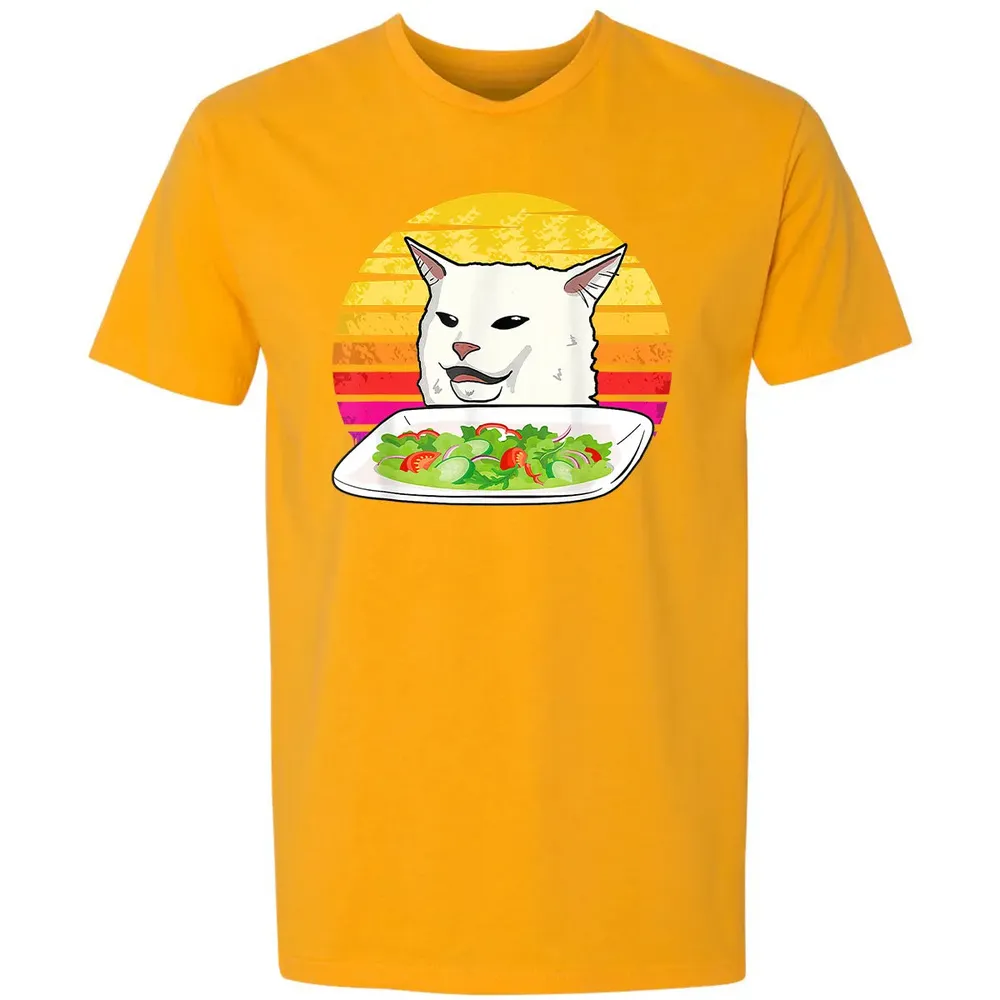 Angry women yelling at confused cat at dinner table meme Premium Unisex T-shirt - 11