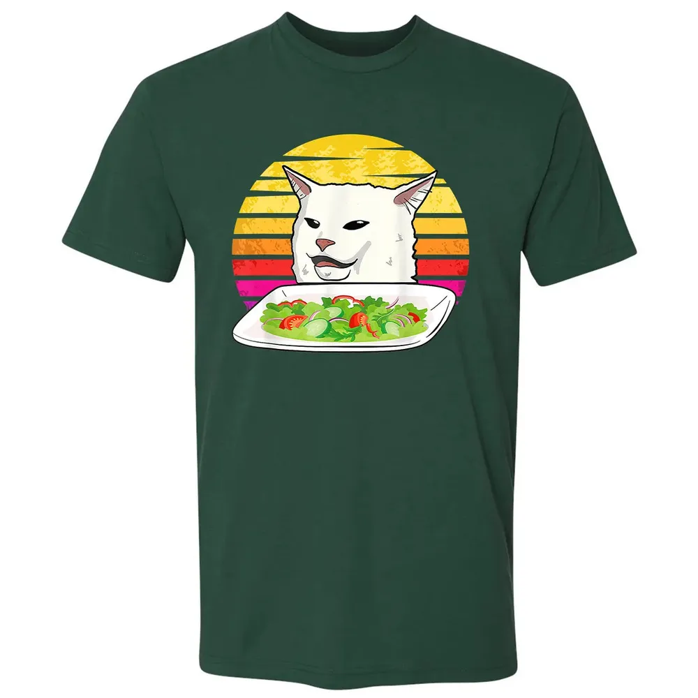 Angry women yelling at confused cat at dinner table meme Premium Unisex T-shirt - 12