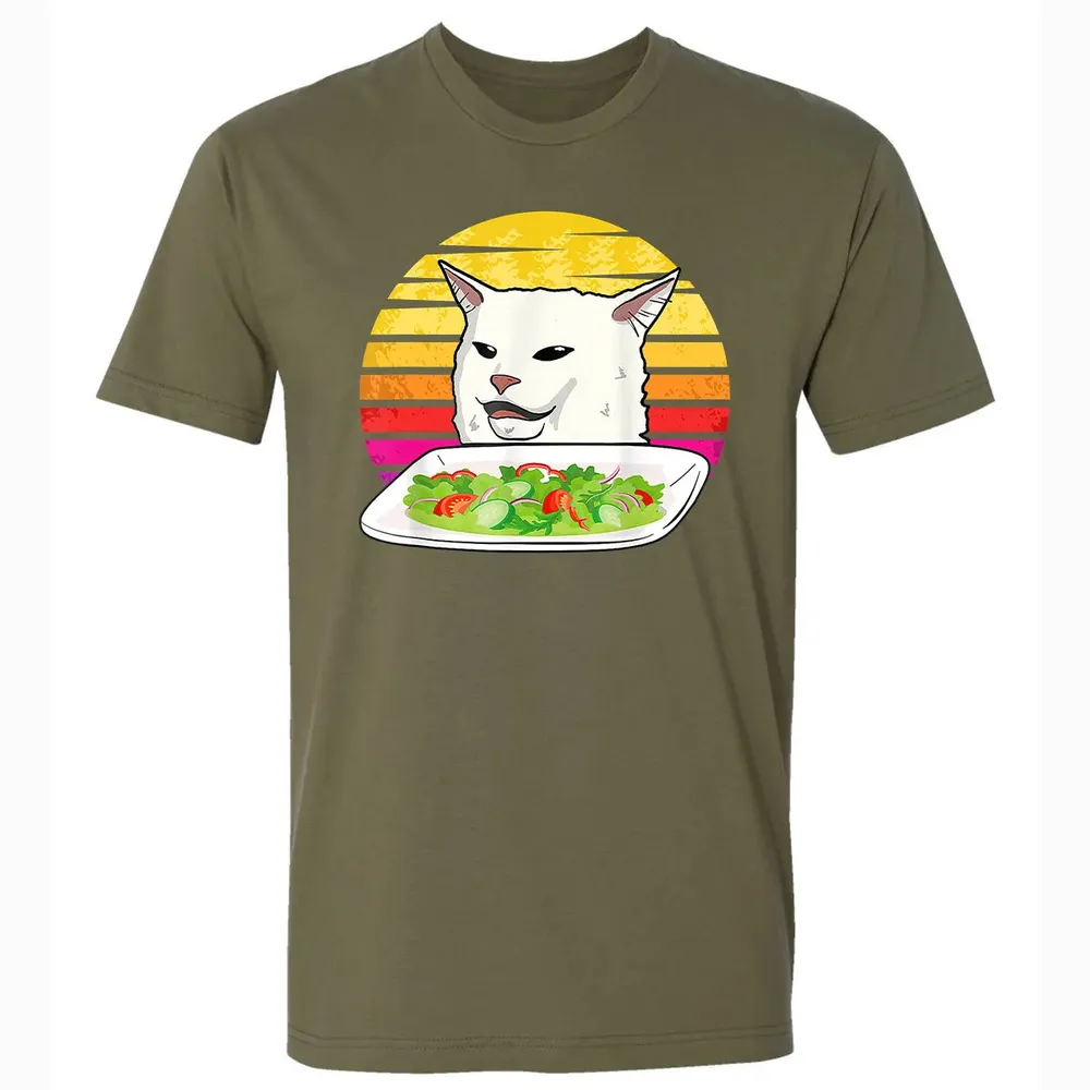 Angry women yelling at confused cat at dinner table meme Premium Unisex T-shirt - 5