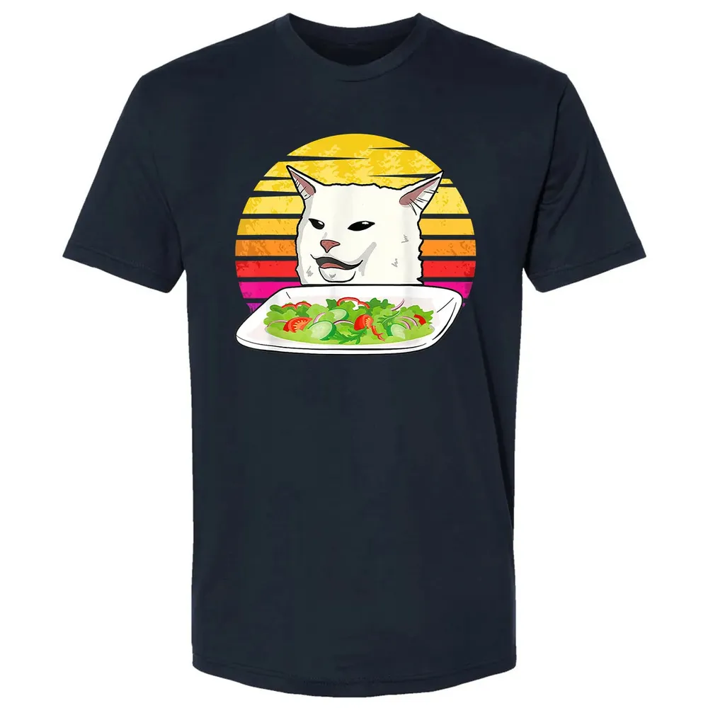 Angry women yelling at confused cat at dinner table meme Premium Unisex T-shirt - 2